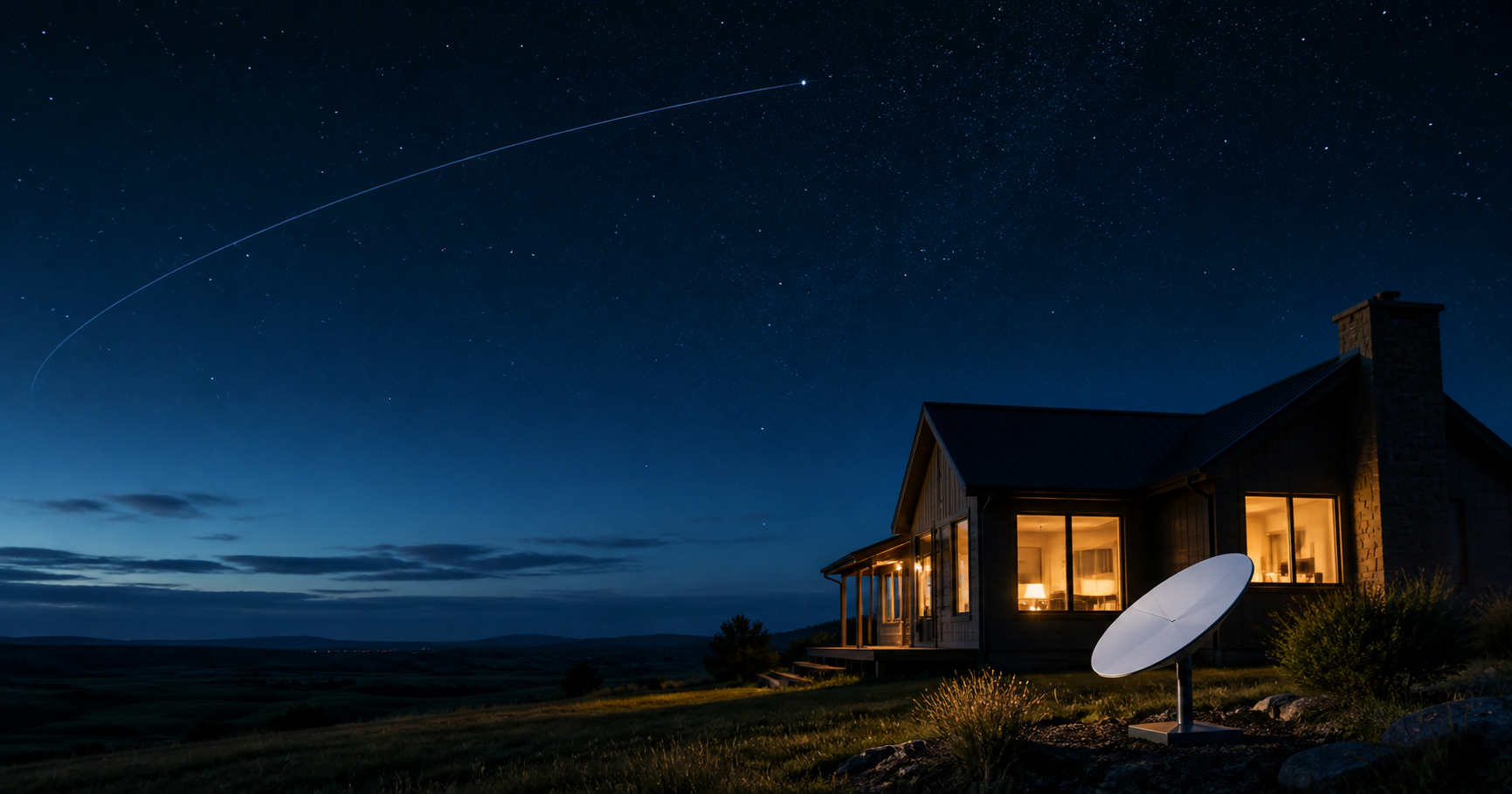 A white satellite dish beside a warmly lit rural home under a star-filled night sky